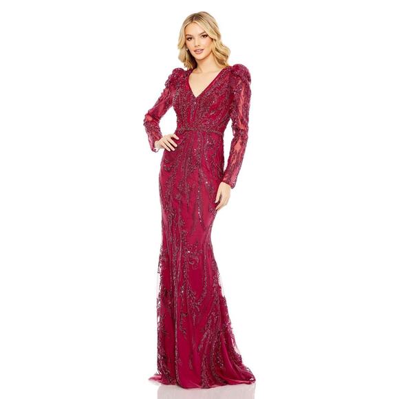 Mac Duggal NWT Embellished Puff Sleeve V-Neck Gown in Burgundy Size 8 - Picture 1 of 8